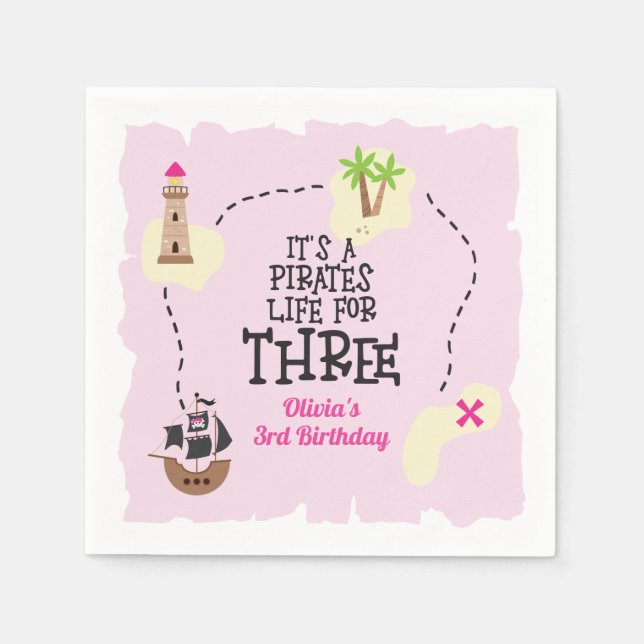Pirate life for THREE me Pink Birthday Napkin (Front)