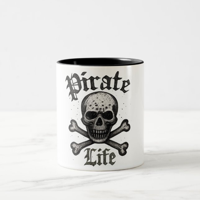 Pirate Life Skull & Crossbones Grunge Design Two-Tone Coffee Mug (Center)