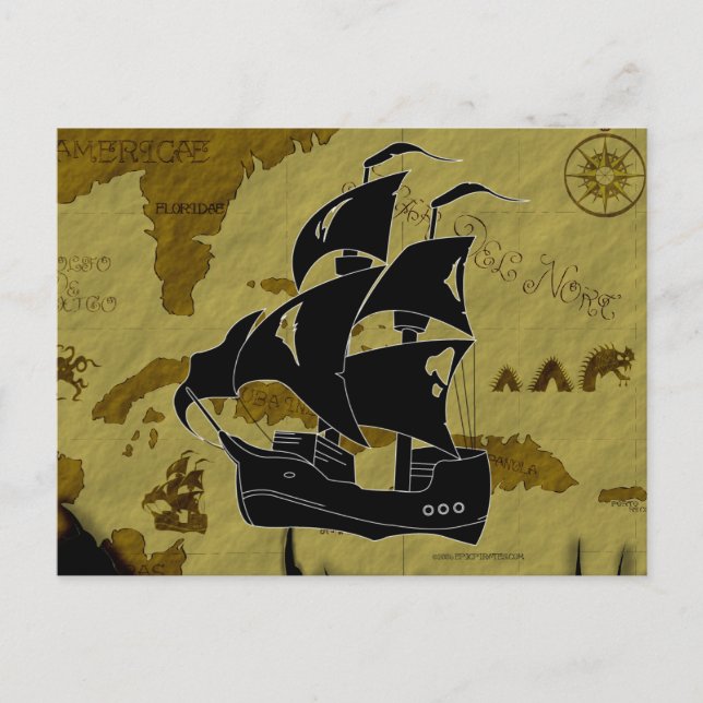 Pirate Map #1, Tattered Ship Postcard (Front)