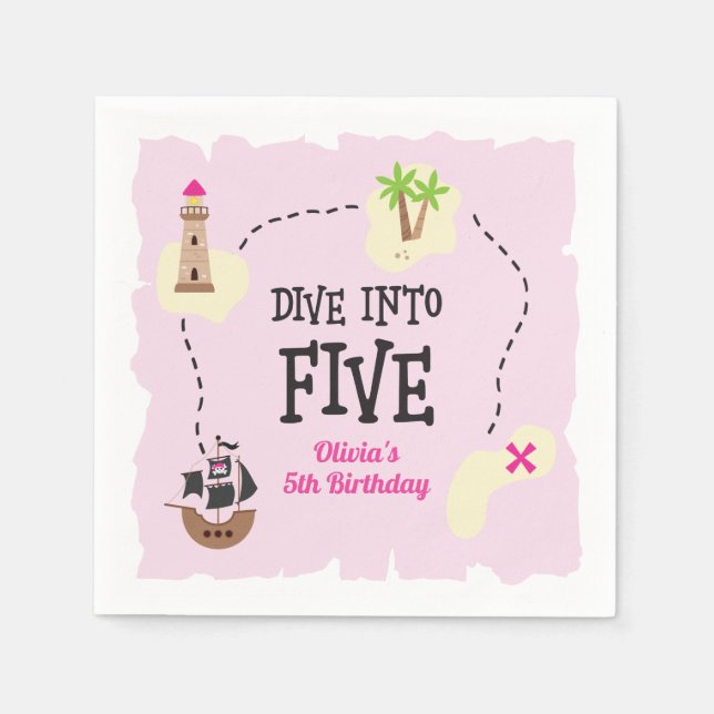 Pirate Map dive into five Pink 5th Birthday Napkin (Front)