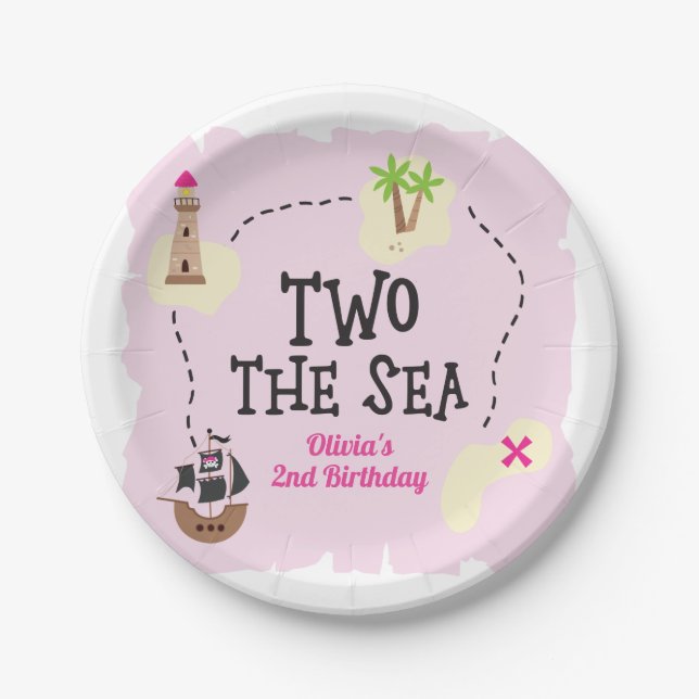 Pirate Map Two the Sea Pink Birthday Paper Plate (Front)