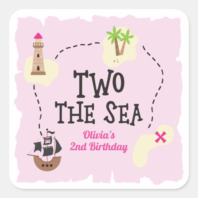 Pirate Map Two the Sea Pink Birthday Square Sticker (Front)