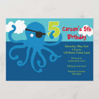 Pirate Octopus 5th Birthday Swim Party Invite