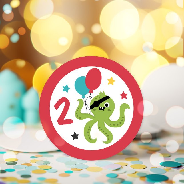 Pirate Octopus Boy Birthday Party Classic Round Sticker (Creator Uploaded)