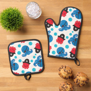 Pirate Octopus, Octopus Pattern, Sea Animals Oven Mitt & Pot Holder Set