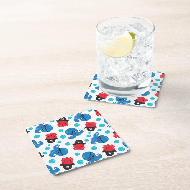 Pirate Octopus, Octopus Pattern, Sea Animals Square Paper Coaster (Insitu)