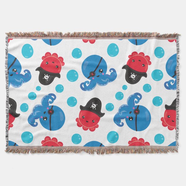 Pirate Octopus, Octopus Pattern, Sea Animals Throw Blanket (Front)