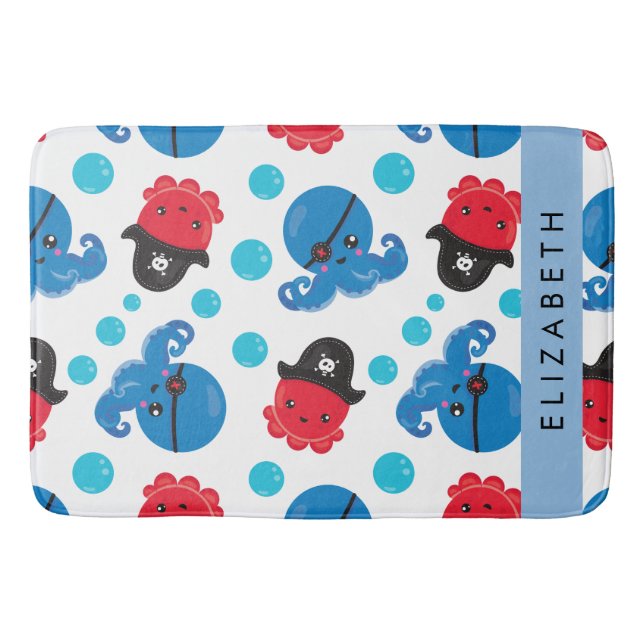 Pirate Octopus, Octopus Pattern, Sea, Your Name Bath Mat (Front)