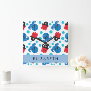 Pirate Octopus, Octopus Pattern, Sea, Your Name Square Wall Clock