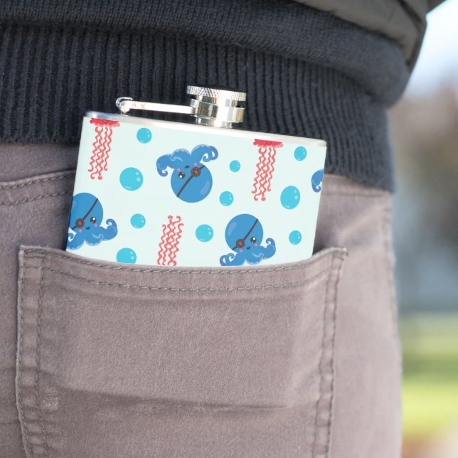 Pirate Octopus, Pirate Jellyfish, Sea Animals Hip Flask (In Situ)