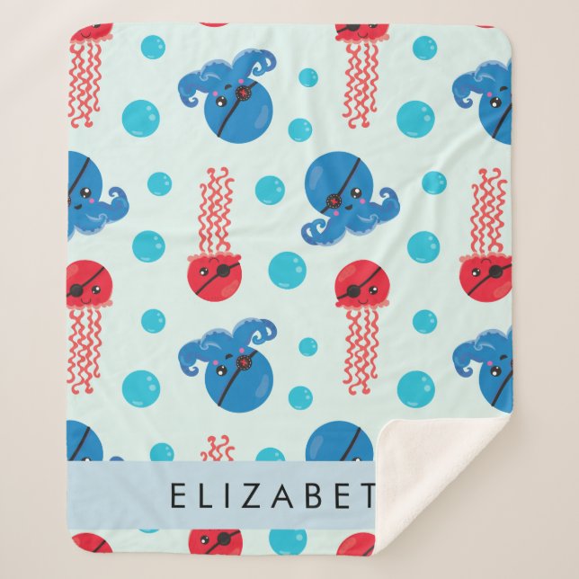Pirate Octopus, Pirate Jellyfish, Sea, Your Name Sherpa Blanket (Front)