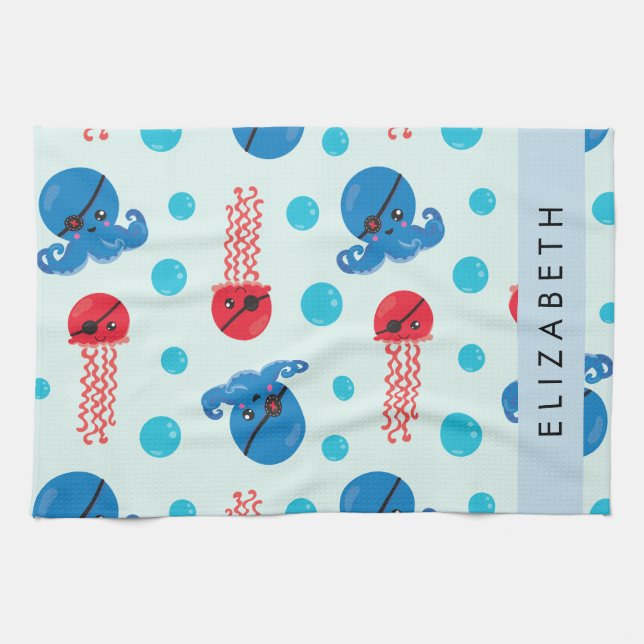 Pirate Octopus, Pirate Jellyfish, Sea, Your Name Tea Towel (Horizontal)
