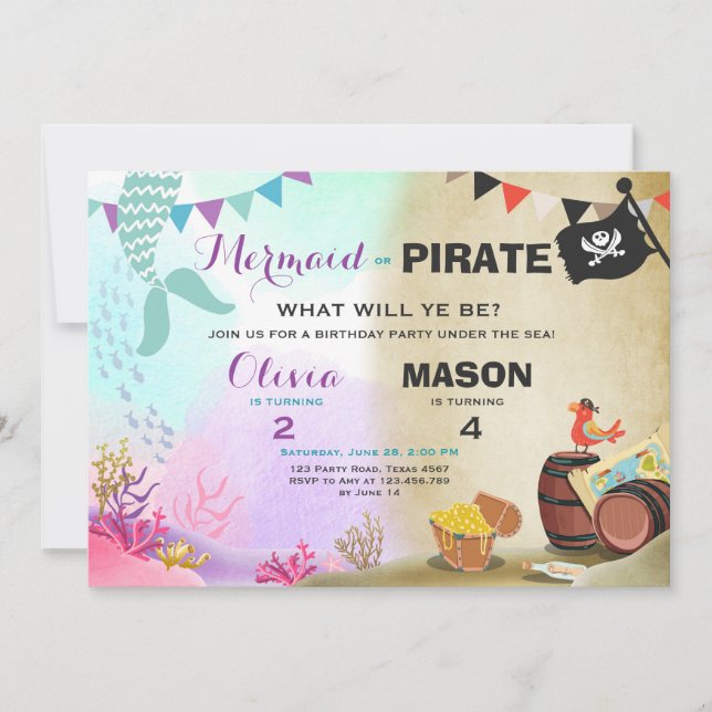 Pirate or Mermaid birthday invitation Siblings Joi (Front)