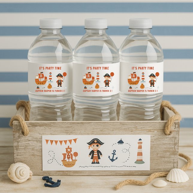 Pirate Party  | Red Ship & Captain Birthday Water Bottle Label (Creator Uploaded)