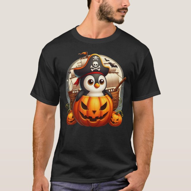 Pirate Penguin in a Halloween Pumpkin Ship T-Shirt (Front)