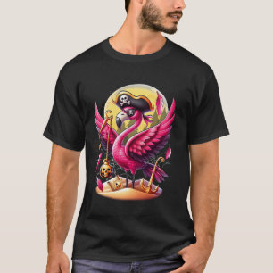 Pirate Pink Flamingo Halloween Jolly Roger Skull C T-Shirt