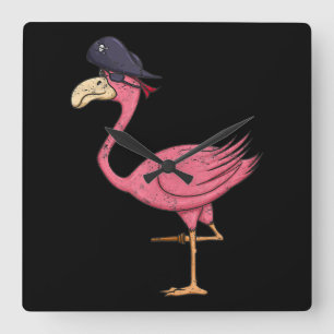 Pirate Pink Flamingo With Eyepatch Halloween Square Wall Clock