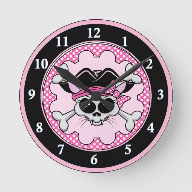 Pirate Princess Kitty Skull Round Clock (Front)