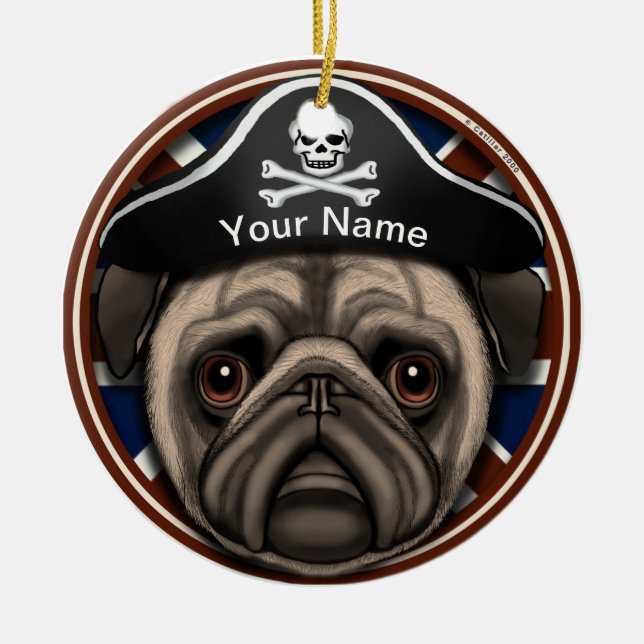 Pirate Pug Ceramic Tree Decoration (Front)