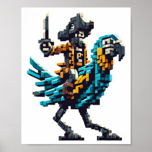 Pirate Riding Parrot Block Style Gaming Gamer Pixe Poster