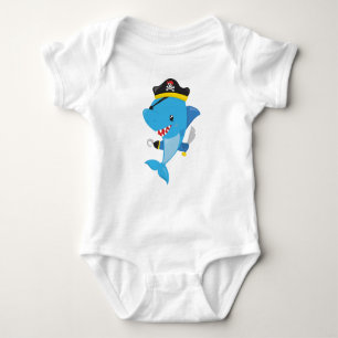 Pirate Shark, Cute Shark, Little Shark, Blue Shark Baby Bodysuit