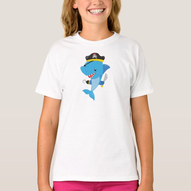Pirate Shark, Cute Shark, Little Shark, Blue Shark T-Shirt (Front)