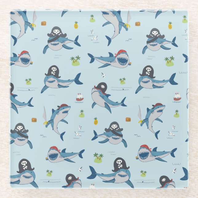 Pirate Shark Doodle Illustration Glass Coaster (Front)