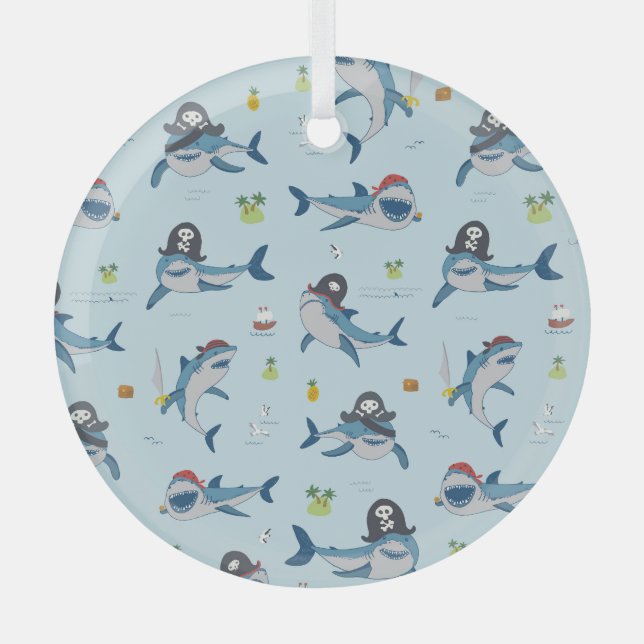 Pirate Shark Doodle Illustration Glass Tree Decoration (Front)