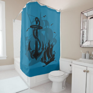 Pirate Ship & Anchor Black Silhouette 2 Shower Curtain
