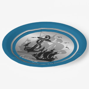 Pirate Ship & Anchor Black Silhouette Plates 3