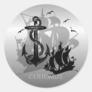 Pirate Ship & Anchor Black Silhouette Stickers