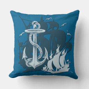 Pirate Ship & Anchor White Silhouette Throw Pillow