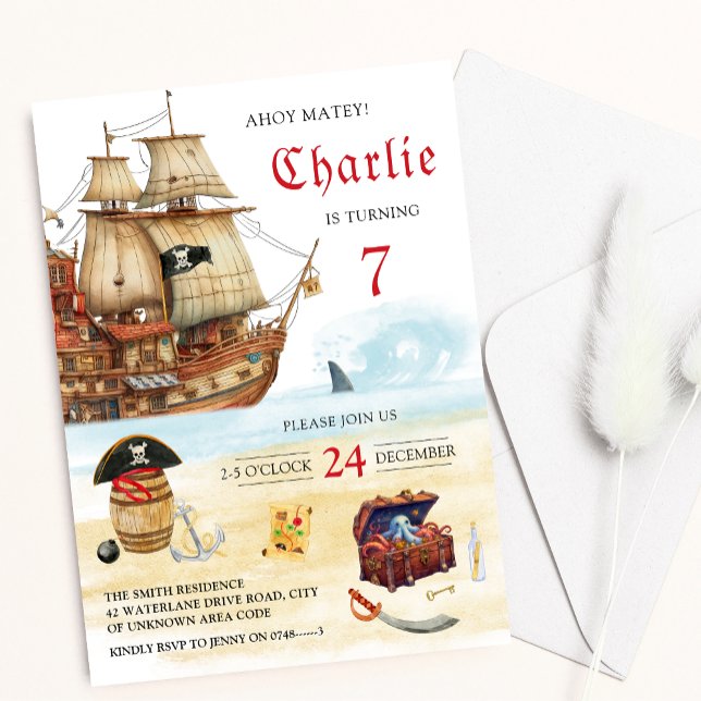 Pirate ship and treasure chest Kids Birthday Invitation (Creator Uploaded)