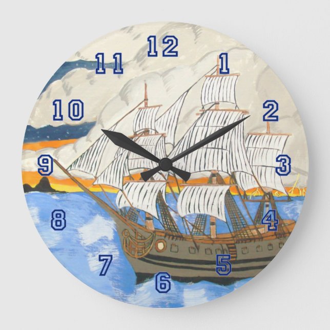 Pirate Ship at Sea Large Clock (Front)