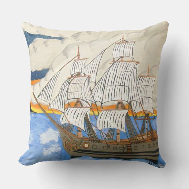 Pirate Ship at Sea Square Throw Pillow (Front)