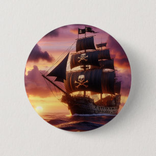 Pirate ship at sunrise/sunset  6 cm round badge