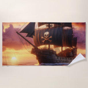 Pirate ship at sunrise/sunset beach towel