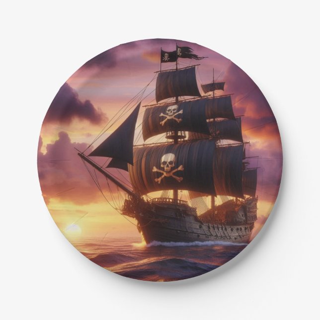 Pirate ship at sunrise/sunset  paper plate (Front)