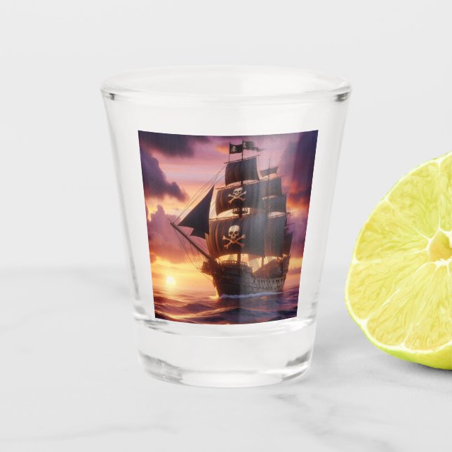 Pirate ship at sunrise/sunset  shot glass (Front)