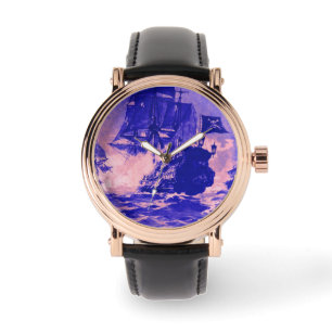 PIRATE SHIP BATTLE ,BLUE PINK NAUTICAL WATCH