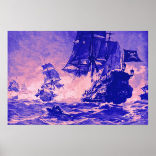 PIRATE SHIP BATTLE IN BLUE AND PINK POSTER
