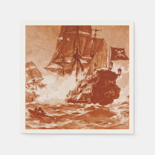 PIRATE SHIP BATTLE IN brown sepia Napkin