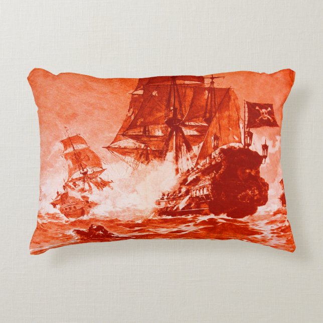 PIRATE SHIP BATTLE IN red Decorative Cushion (Front)