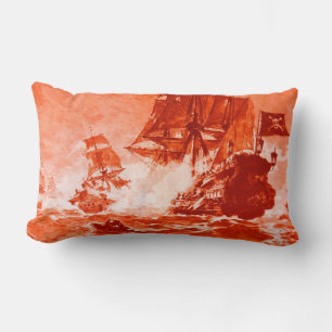 PIRATE SHIP BATTLE IN red Lumbar Cushion