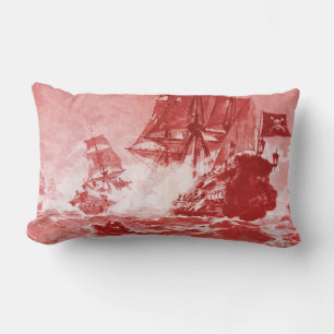 PIRATE SHIP BATTLE IN red purple Lumbar Cushion