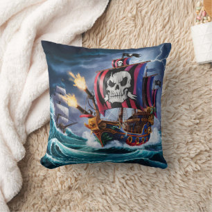 Pirate Ship Battling Stormy Seas at Dusk Cushion
