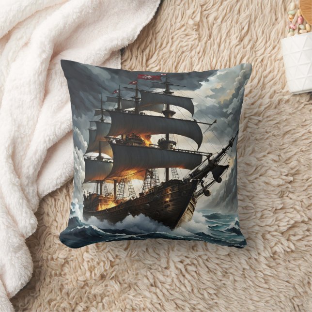 Pirate Ship Battling Stormy Seas at Dusk Cushion (Blanket)
