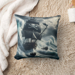 Pirate Ship Battling Stormy Seas at Dusk Cushion