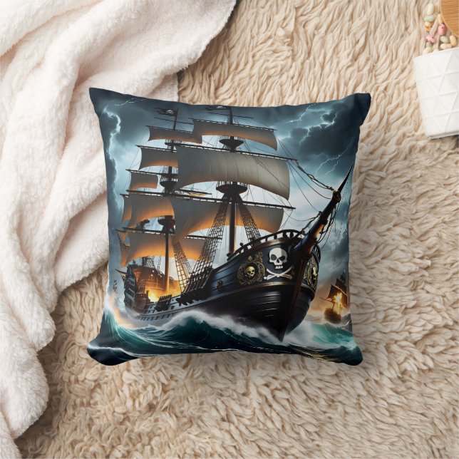 Pirate Ship Battling Stormy Seas at Dusk Cushion (Blanket)