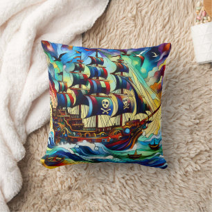 Pirate Ship Battling Stormy Seas at Dusk Cushion